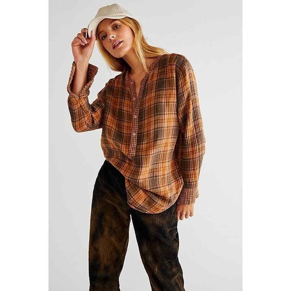 Free People x CP Shades Tree House Plaid Tunic Top Yellow Double Layer Gauze- XS